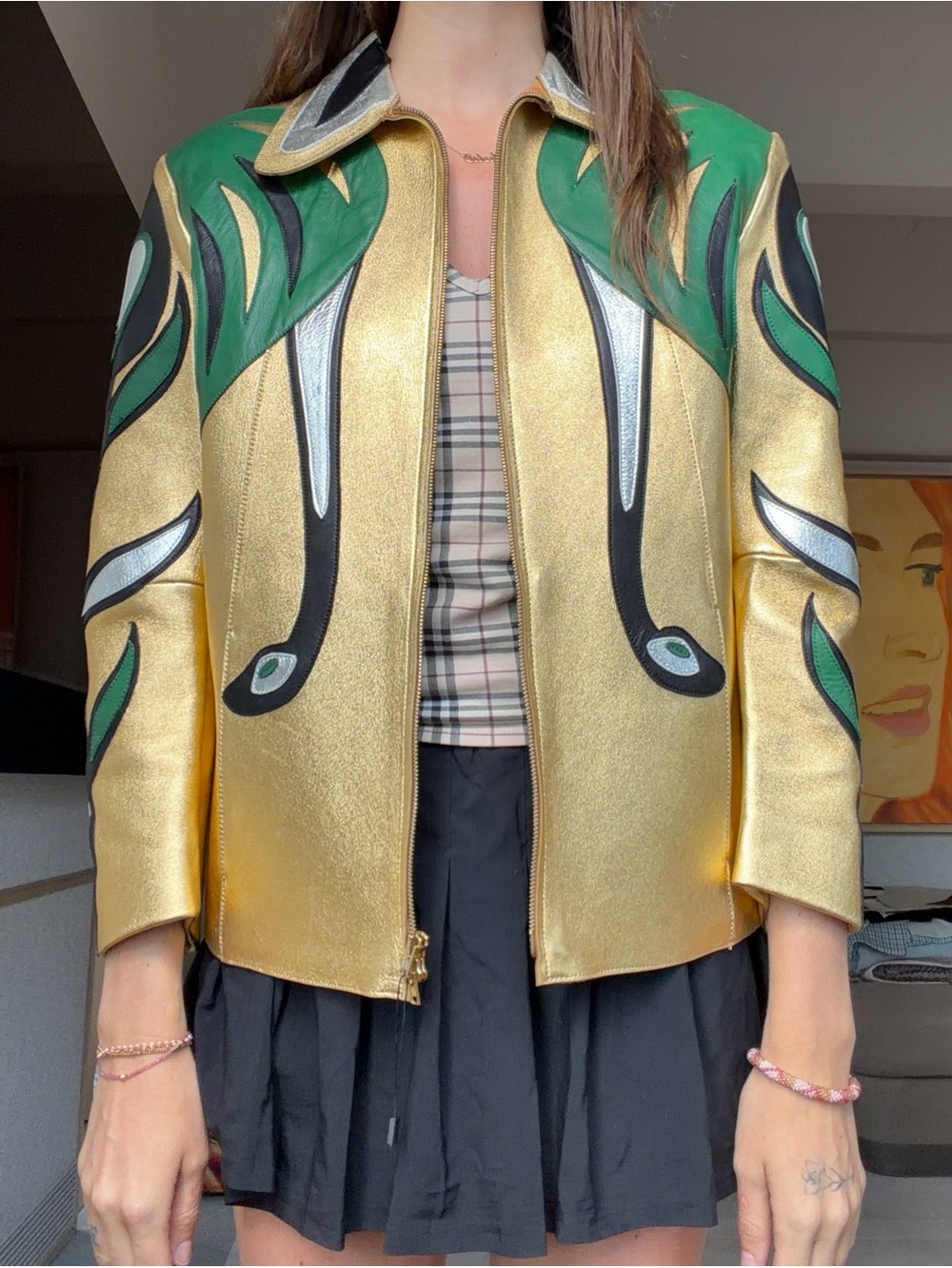 Miu Miu Metallic Gold Leather Jacket with Green & Black Appliqué